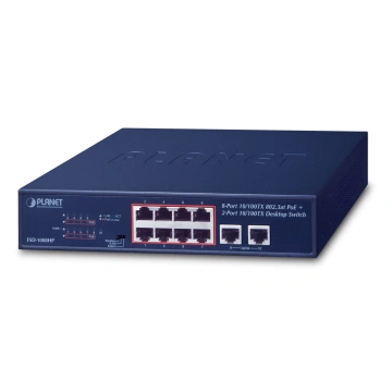 Planet FSD-1008HP PoE switch 10x 100Mb, 8xPoE 802.3at 30W/120W, VLAN, extend mód 10Mb/s do 250m, fanless