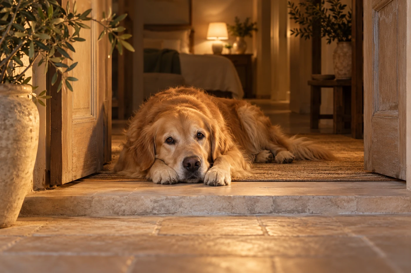 Ilustracja golden retrievera odpoczywającego w drzwiach